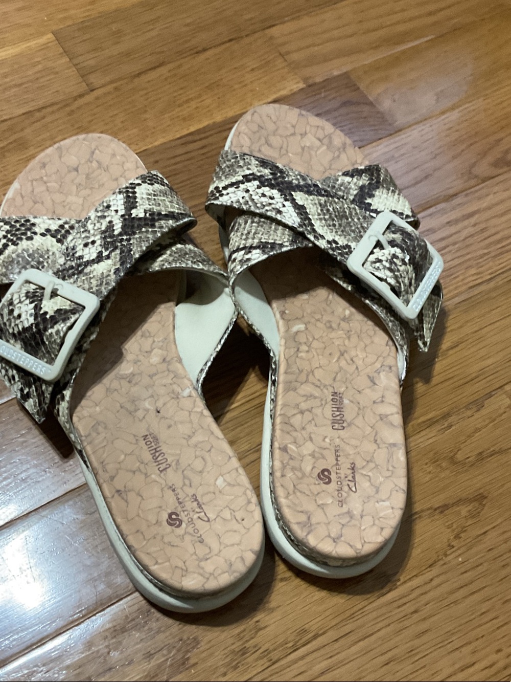 Cloudsteppers by Clarks Snake-Print Slide Sandals in Beige and Black